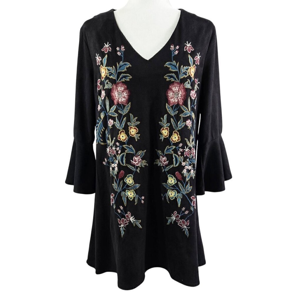 Umgee Black Faux Suede Floral Embroidered Bell Sleeve V-Neck Dress Boho
